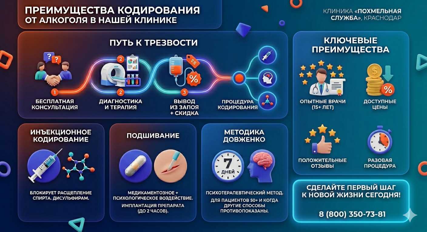 Инфографика о методах кодирования от алкоголя в Новокубанск: инъекции, подшивание, метод Довженко. Преимущества клиники и этапы лечения.