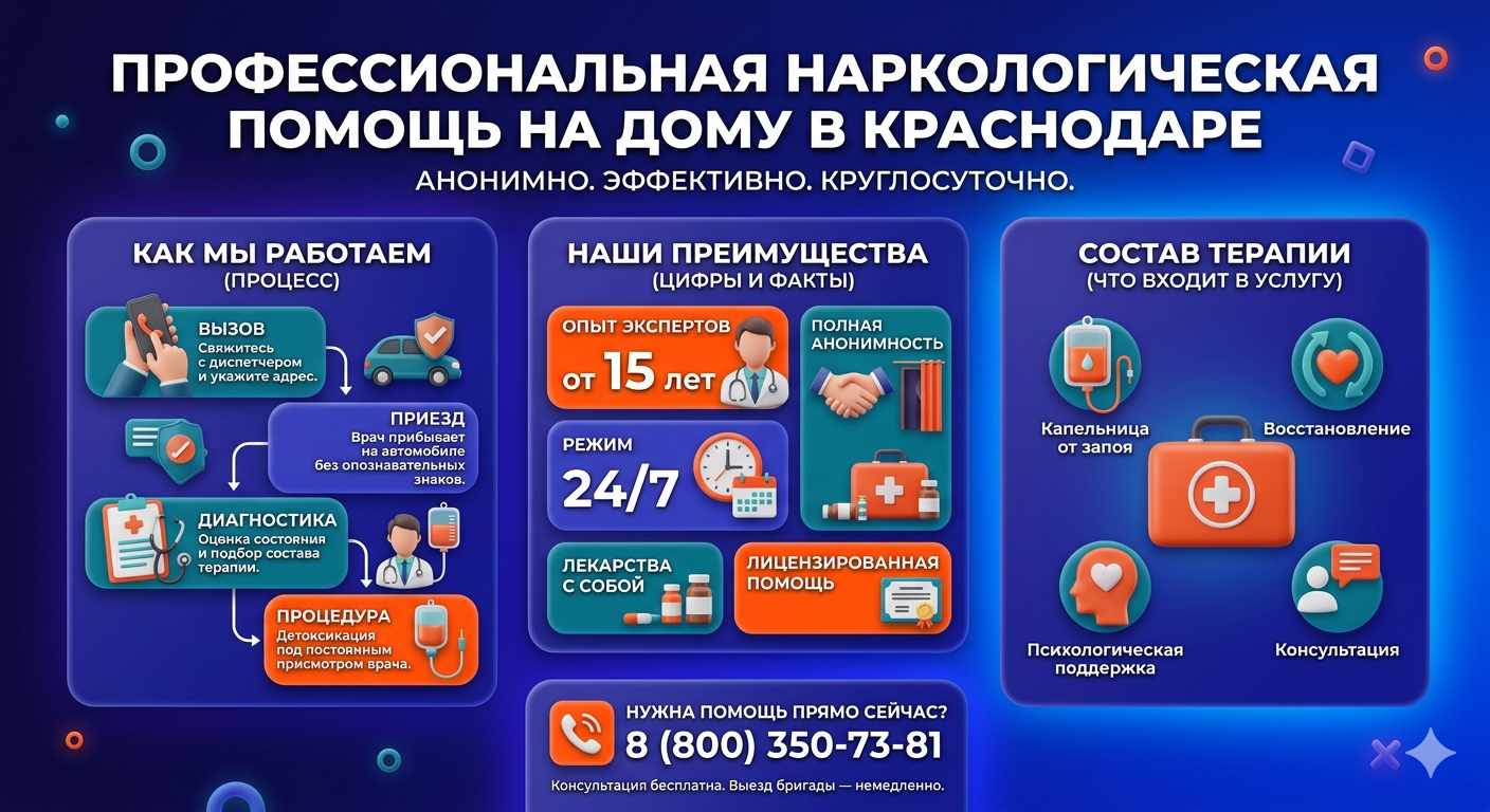 Инфографика о принципах лечения алкоголизма на дому в Новокубанск: этапы вызова нарколога, преимущества анонимной детоксикации и состав медицинской помощи.